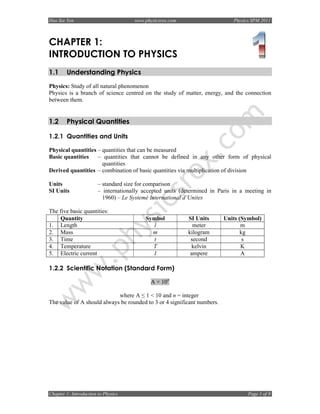 Hoo Sze Yen                           www.physicsrox.com                      Physics SPM 2011



CHAPTER 1:
INTRODUCTION TO PHYSICS
1.1     Understanding Physics
Physics: Study of all natural phenomenon
Physics is a branch of science centred on the study of matter, energy, and the connection
between them.


1.2     Physical Quantities

1.2.1 Quantities and Units

Physical quantities – quantities that can be measured
Basic quantities    – quantities that cannot be defined in any other form of physical
                      quantities
Derived quantities – combination of basic quantities via multiplication of division

Units                   – standard size for comparison
SI Units                – internationally accepted units (determined in Paris in a meeting in
                          1960) – Le Systemé International d’Unites

The five basic quantities:
    Quantity                               Symbol          SI Units       Units (Symbol)
1. Length                                    l               meter               m
2. Mass                                      m             kilogram              kg
3. Time                                      t              second                s
4. Temperature                               T               kelvin              K
5. Electric current                          I              ampere               A

1.2.2 Scientific Notation (Standard Form)

                                             A × 10n

                            where A ≤ 1 < 10 and n = integer
The value of A should always be rounded to 3 or 4 significant numbers.




Chapter 1: Introduction to Physics                                                  Page 1 of 8
 