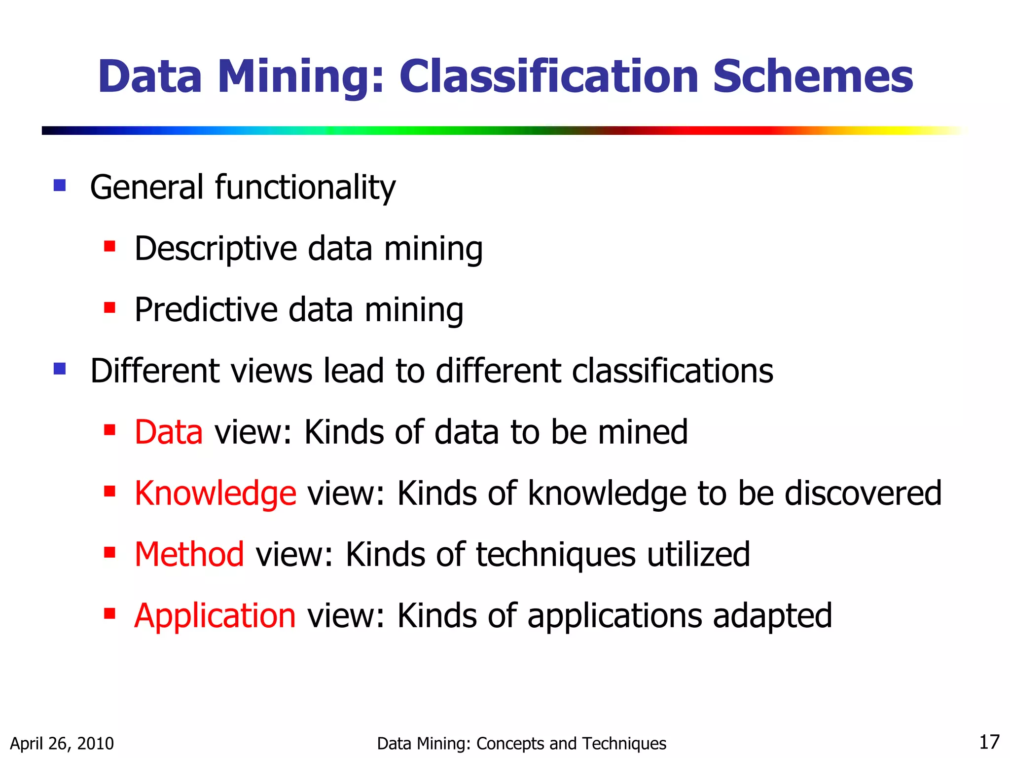 Data Mining: Classification Schemes General functionality Descriptive data mining  Predictive data mining Different views lead to different classifications Data  view: Kinds of data to be mined Knowledge  view: Kinds of knowledge to be discovered Method  view: Kinds of techniques utilized Application  view: Kinds of applications adapted 