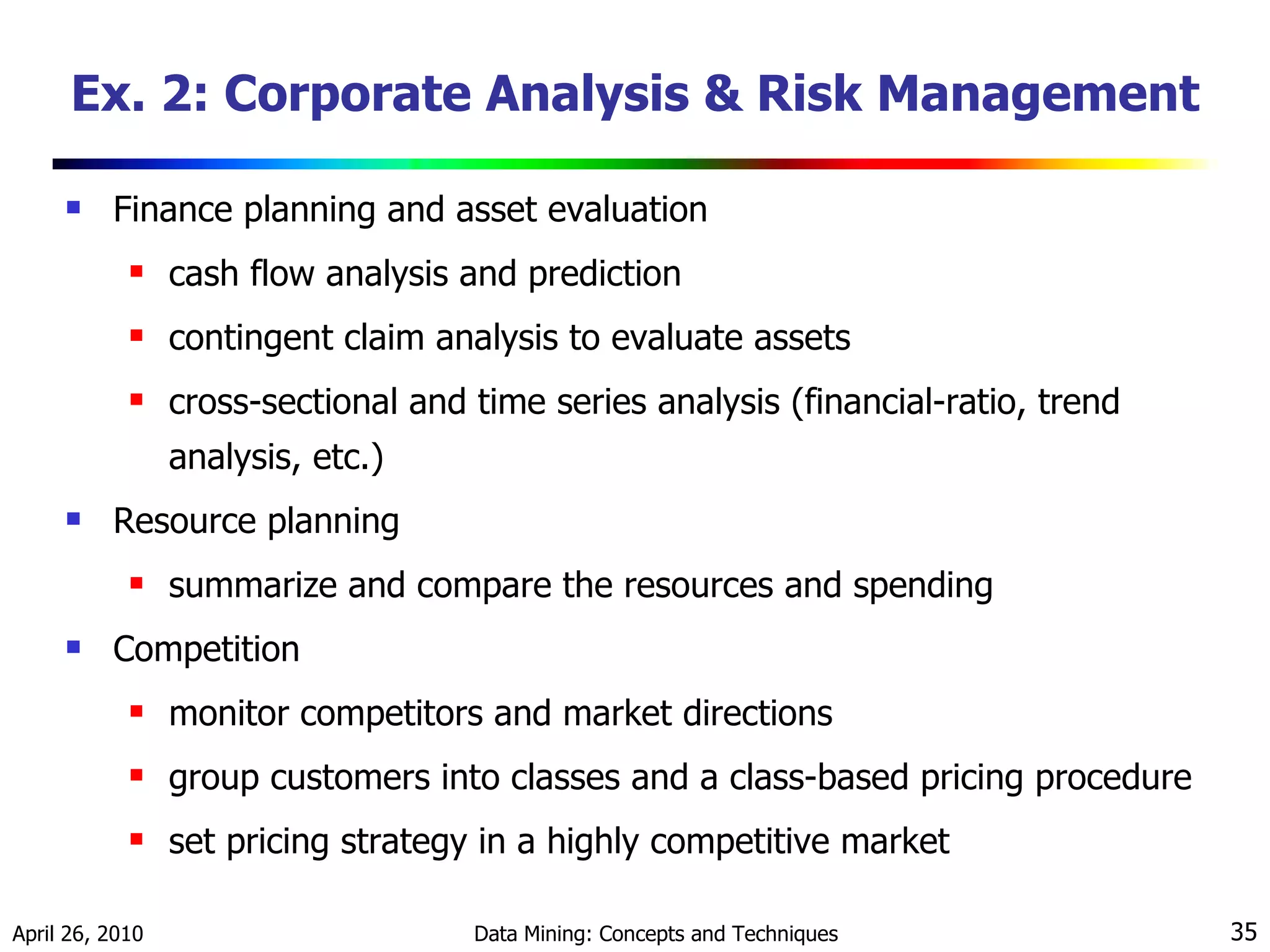 Ex. 2: Corporate Analysis & Risk Management Finance planning and asset evaluation cash flow analysis and prediction contingent claim analysis to evaluate assets  cross-sectional and time series analysis (financial-ratio, trend analysis, etc.) Resource planning summarize and compare the resources and spending Competition monitor competitors and market directions  group customers into classes and a class-based pricing procedure set pricing strategy in a highly competitive market 