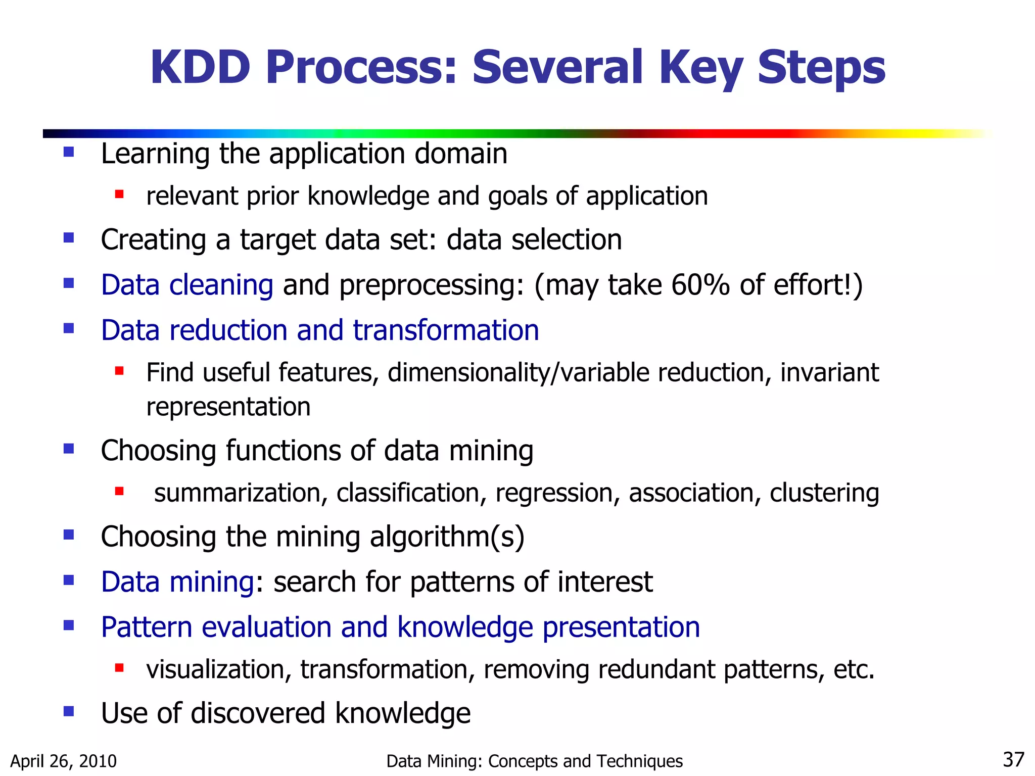 KDD Process: Several Key Steps Learning the application domain relevant prior knowledge and goals of application Creating a target data set: data selection Data cleaning  and preprocessing: (may take 60% of effort!) Data reduction and transformation Find useful features, dimensionality/variable reduction, invariant representation Choosing functions of data mining  summarization, classification, regression, association, clustering Choosing the mining algorithm(s) Data mining : search for patterns of interest Pattern evaluation and knowledge presentation visualization, transformation, removing redundant patterns, etc. Use of discovered knowledge 