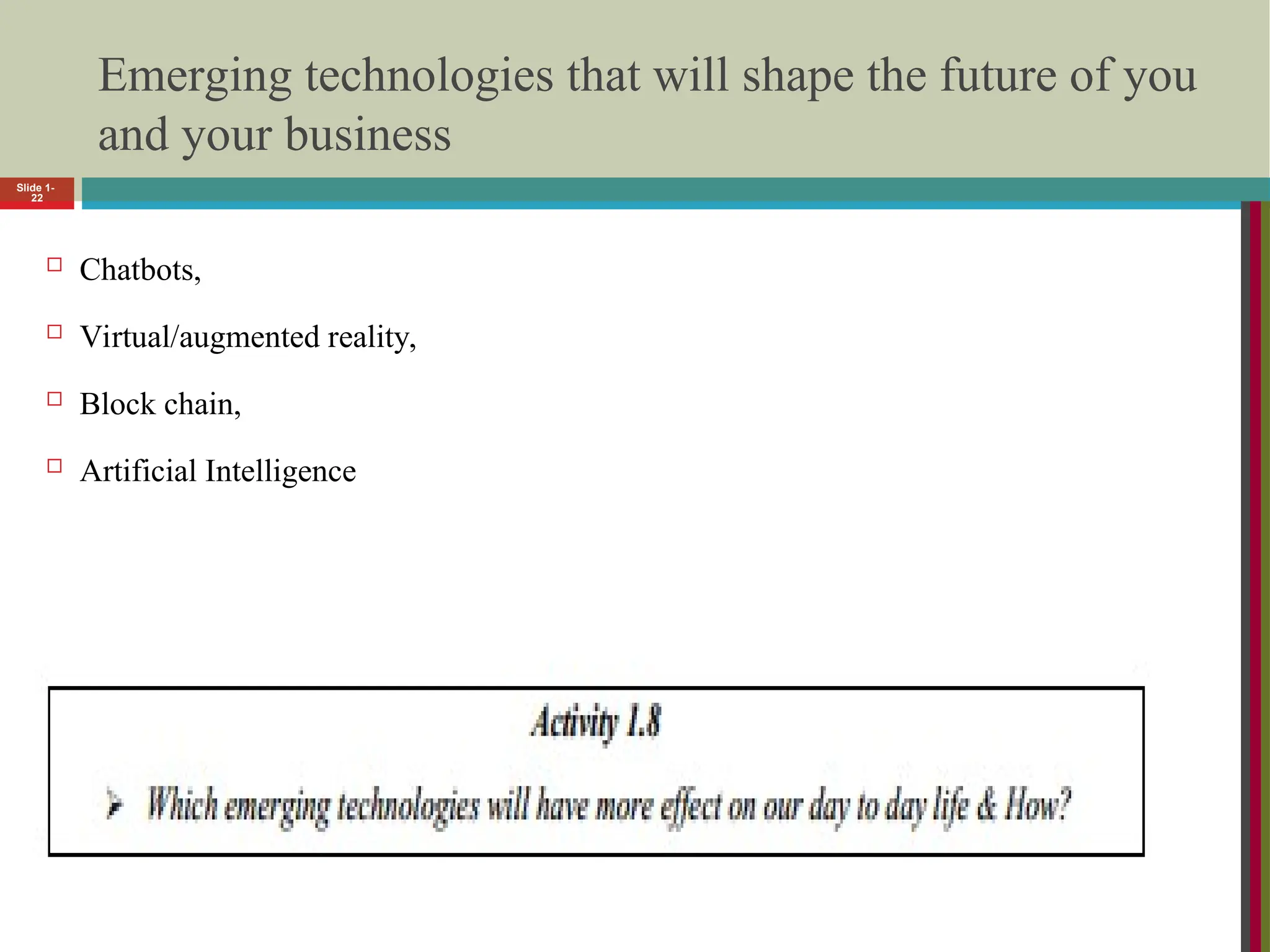 Emerging technologies that will shape the future of you
and your business
 Chatbots,
 Virtual/augmented reality,
 Block chain,
 Artificial Intelligence
Slide 1-
22
 