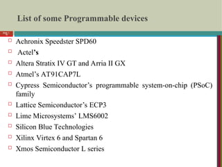 List of some Programmable devices
 Achronix Speedster SPD60
 Actel’s
 Altera Stratix IV GT and Arria II GX
 Atmel’s AT91CAP7L
 Cypress Semiconductor’s programmable system-on-chip (PSoC)
family
 Lattice Semiconductor’s ECP3
 Lime Microsystems’ LMS6002
 Silicon Blue Technologies
 Xilinx Virtex 6 and Spartan 6
 Xmos Semiconductor L series
Slide 1-
19
 