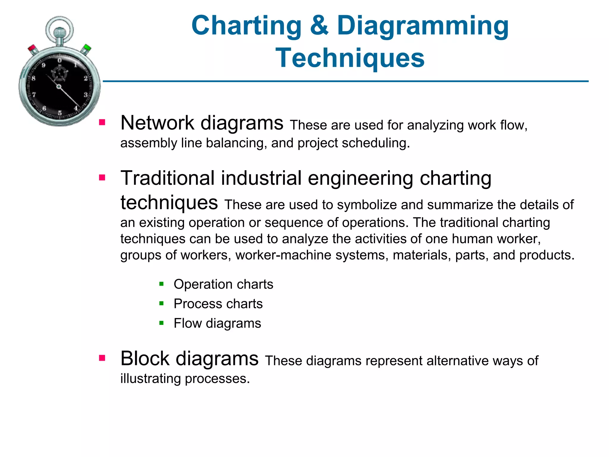 Charting & Diagramming
Techniques
 Network diagrams These are used for analyzing work flow,
assembly line balancing, and project scheduling.
 Traditional industrial engineering charting
techniques These are used to symbolize and summarize the details of
an existing operation or sequence of operations. The traditional charting
techniques can be used to analyze the activities of one human worker,
groups of workers, worker-machine systems, materials, parts, and products.
 Operation charts
 Process charts
 Flow diagrams
 Block diagrams These diagrams represent alternative ways of
illustrating processes.
 