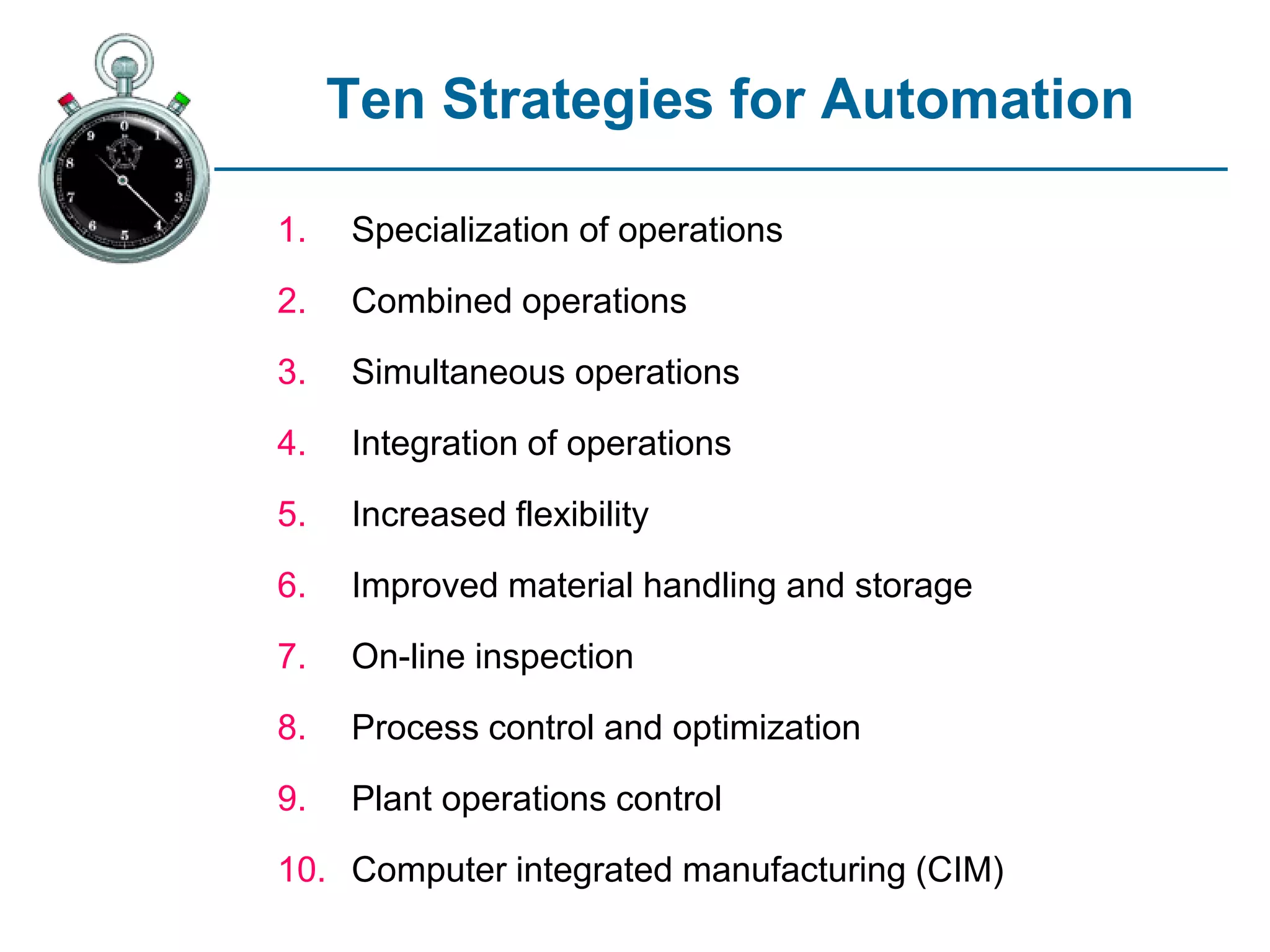 Ten Strategies for Automation
1. Specialization of operations
2. Combined operations
3. Simultaneous operations
4. Integration of operations
5. Increased flexibility
6. Improved material handling and storage
7. On-line inspection
8. Process control and optimization
9. Plant operations control
10. Computer integrated manufacturing (CIM)
 