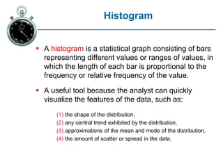 Histogram
 A histogram is a statistical graph consisting of bars
representing different values or ranges of values, in
which the length of each bar is proportional to the
frequency or relative frequency of the value.
 A useful tool because the analyst can quickly
visualize the features of the data, such as:
(1) the shape of the distribution,
(2) any central trend exhibited by the distribution,
(3) approximations of the mean and mode of the distribution,
(4) the amount of scatter or spread in the data.
 