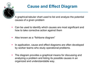 Cause and Effect Diagram
A graphical-tabular chart used to list and analyze the potential
causes of a given problem
 Can be used to identify which causes are most significant and
how to take corrective action against them
 Also known as a “fishbone diagram”
 In application, cause and effect diagrams are often developed
by worker teams who study operational problems.
 The diagram provides a graphical means for discussing and
analyzing a problem and listing its possible causes in an
organized and understandable way.
 