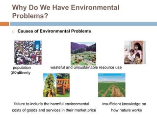 Why Do We Have Environmental
Problems?
 Causes of Environmental Problems
wasteful and unsustainable resource use
poverty
failure to include the harmful environmental insufficient knowledge on
costs of goods and services in their market price how nature works
population
growth
 
