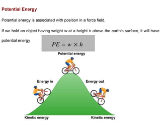 Potential Energy
Potential energy is associated with position in a force field.
If we hold an object having weight w at a height h above the earth’s surface, it will have
potential energy
 