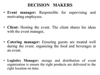 DECISION MAKERS
• Event manager: Responsible for supervising and
motivating employees.
• Client: Hosting the event. The client shares his ideas
with the event manager,
• Catering manager: Ensuring guests are treated well
during the event. organizing the food and beverages at
an event.
• Logistics Manager: storage and distribution of event
organization is ensure the right products are delivered to the
right location on time.
 