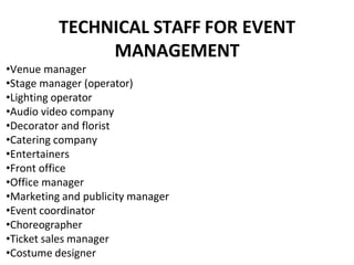 TECHNICAL STAFF FOR EVENT
MANAGEMENT
•Venue manager
•Stage manager (operator)
•Lighting operator
•Audio video company
•Decorator and florist
•Catering company
•Entertainers
•Front office
•Office manager
•Marketing and publicity manager
•Event coordinator
•Choreographer
•Ticket sales manager
•Costume designer
 