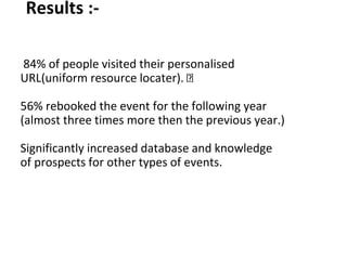 Results :-
84% of people visited their personalised
URL(uniform resource locater).
56% rebooked the event for the following year
(almost three times more then the previous year.)
Significantly increased database and knowledge
of prospects for other types of events.
 