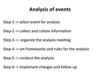 Analysis of events
Step-1 -> select event for analysis
Step-2 -> collect and collate information
Step-3 -> organize the analysis meeting
Step-4 -> set frameworks and rules for the analysis
Step-5 -> conduct the analysis
Step-6 -> implement changes and follow up
 