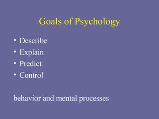 Goals of Psychology Describe Explain Predict Control behavior and mental processes 