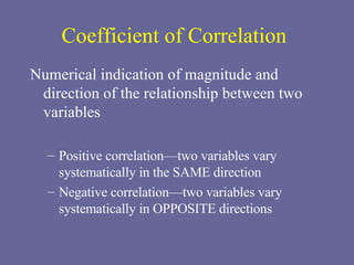 Coefficient of Correlation Numerical indication of magnitude and direction of the relationship between two variables Positive correlation—two variables vary systematically in the SAME direction Negative correlation—two variables vary systematically in OPPOSITE directions 