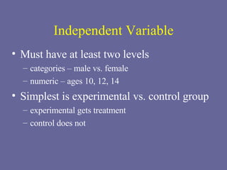 Independent Variable Must have at least two levels categories – male vs. female numeric – ages 10, 12, 14 Simplest is experimental vs. control group experimental gets treatment control does not 