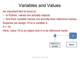 Variables and Values
Neha Tyagi, KV 5 Jaipur II Shift
10
An important fact to know is-
– In Python, values are actually objects.
– And their variable names are actually their reference names.
Suppose we assign 10 to a variable A.
A = 10
Here, value 10 is an object and A is its reference name.
Reference
variable
Object
 