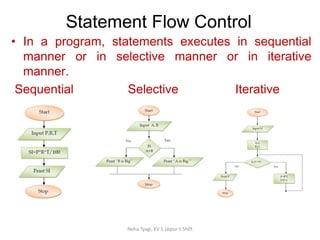 Statement Flow Control
Neha Tyagi, KV 5 Jaipur II Shift
• In a program, statements executes in sequential
manner or in selective manner or in iterative
manner.
Sequential Selective Iterative
 
