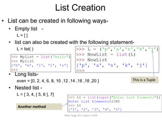 List Creation
Neha Tyagi, KV 5 Jaipur II Shift
This is a Tuple
Another method
• List can be created in following ways-
• Empty list -
L = [ ]
• list can also be created with the following statement-
L = list( )
• Long lists-
even = [0, 2, 4, 6, 8, 10 ,12 ,14 ,16 ,18 ,20 ]
• Nested list -
L = [ 3, 4, [ 5, 6 ], 7]
 