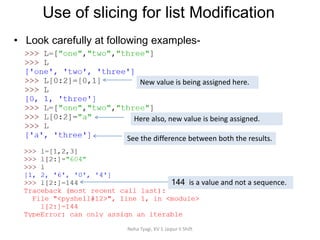 Neha Tyagi, KV 5 Jaipur II Shift
• Look carefully at following examples-
Use of slicing for list Modification
Here also, new value is being assigned.
New value is being assigned here.
See the difference between both the results.
144 is a value and not a sequence.
 