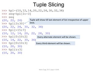 Tuple Slicing
Neha Tyagi, KV 5 Jaipur II Shift
Tuple will show till last element of list irrespective of upper
limit.
Every alternate element will be shown.
Every third element will be shown.
 