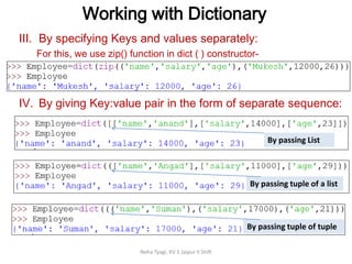 Working with Dictionary
Neha Tyagi, KV 5 Jaipur II Shift
III. By specifying Keys and values separately:
For this, we use zip() function in dict ( ) constructor-
IV. By giving Key:value pair in the form of separate sequence:
By passing List
By passing tuple of a list
By passing tuple of tuple
 