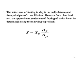 • The settlement of footing in clay is normally determined
from principles of consolidation. However from plate load
test, the approximate settlement of footing of width B can be
determined using the following expression.
57
p
f
p
B
B
S
S 
 