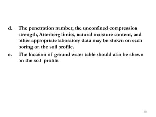 d. The penetration number, the unconfined compression
strength, Atterberg limits, natural moisture content, and
other appropriate laboratory data may be shown on each
boring on the soil profile.
e. The location of ground water table should also be shown
on the soil profile.
70
 