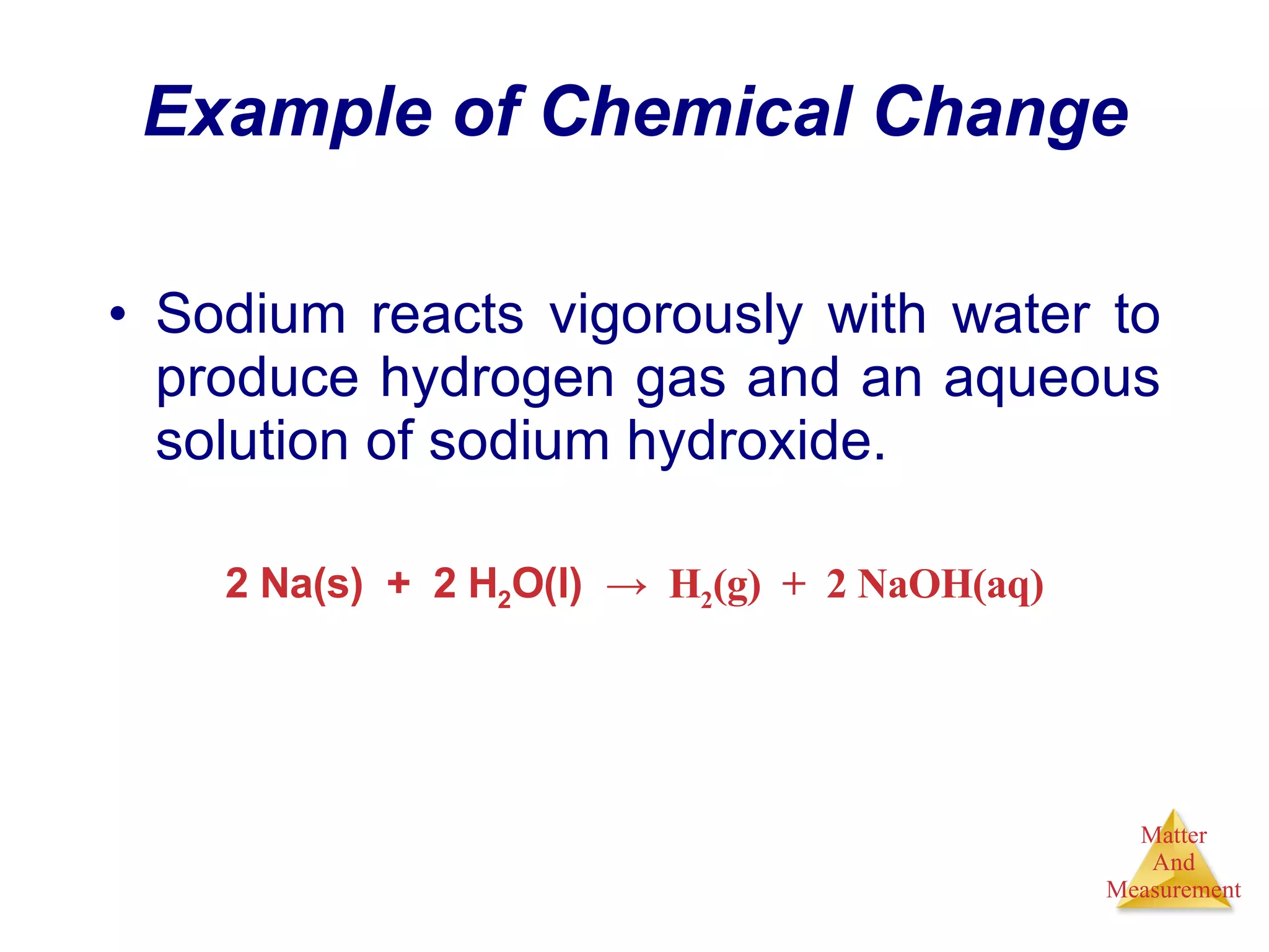 Example of Chemical Change Sodium reacts vigorously with water to produce hydrogen gas and an aqueous solution of sodium hydroxide. 2 Na(s)  +  2 H 2 O(l)  ->  H 2 (g)  +  2 NaOH(aq) 