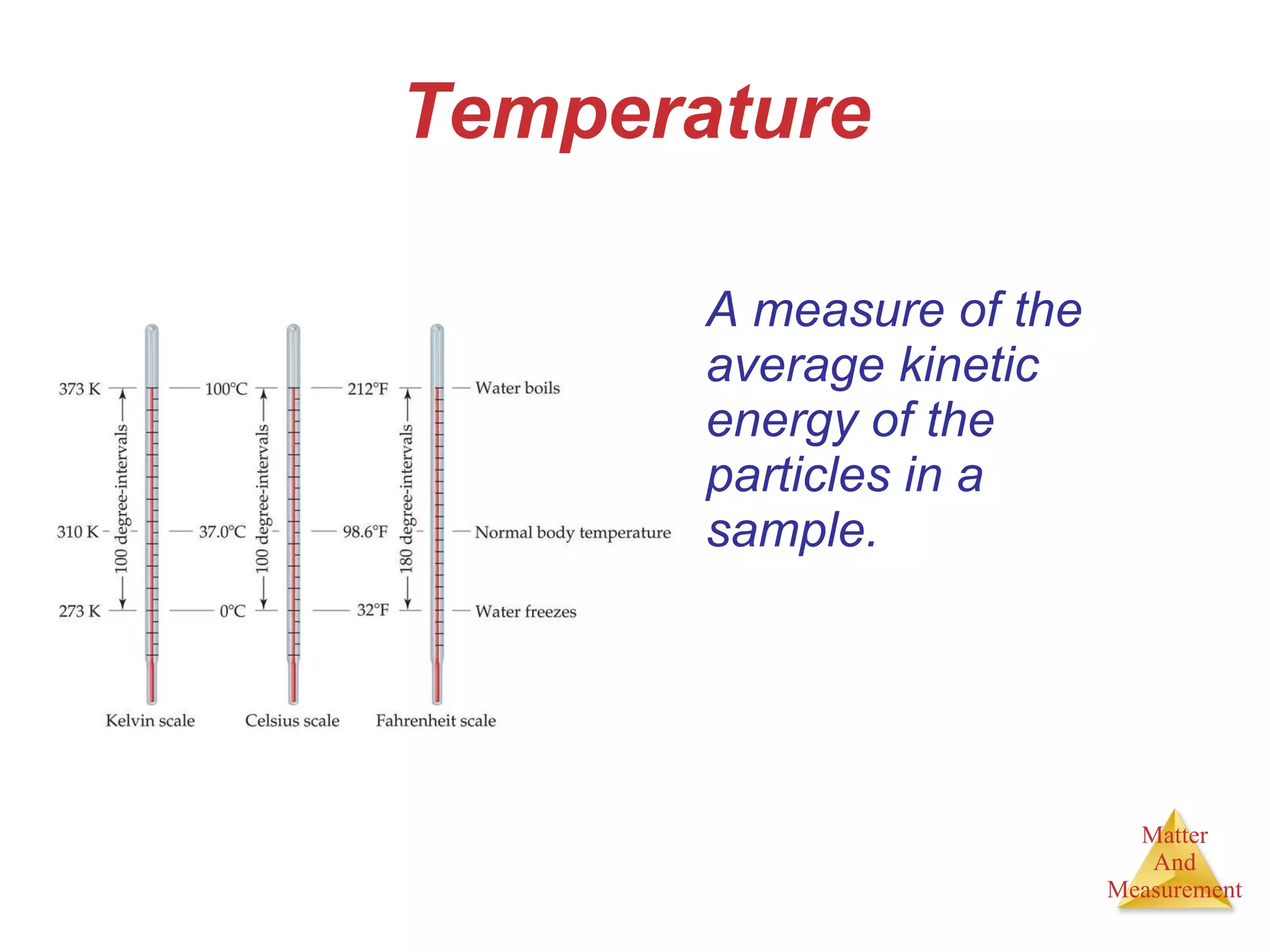Temperature A measure of the average kinetic energy of the particles in a sample. 