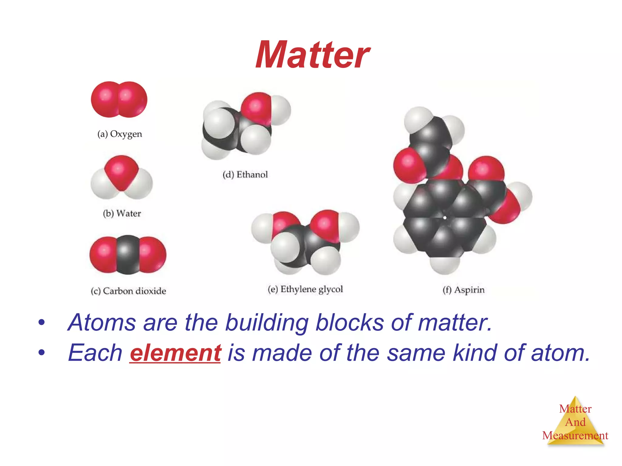 Matter Atoms are the building blocks of matter. Each  element  is made of the same kind of atom. 