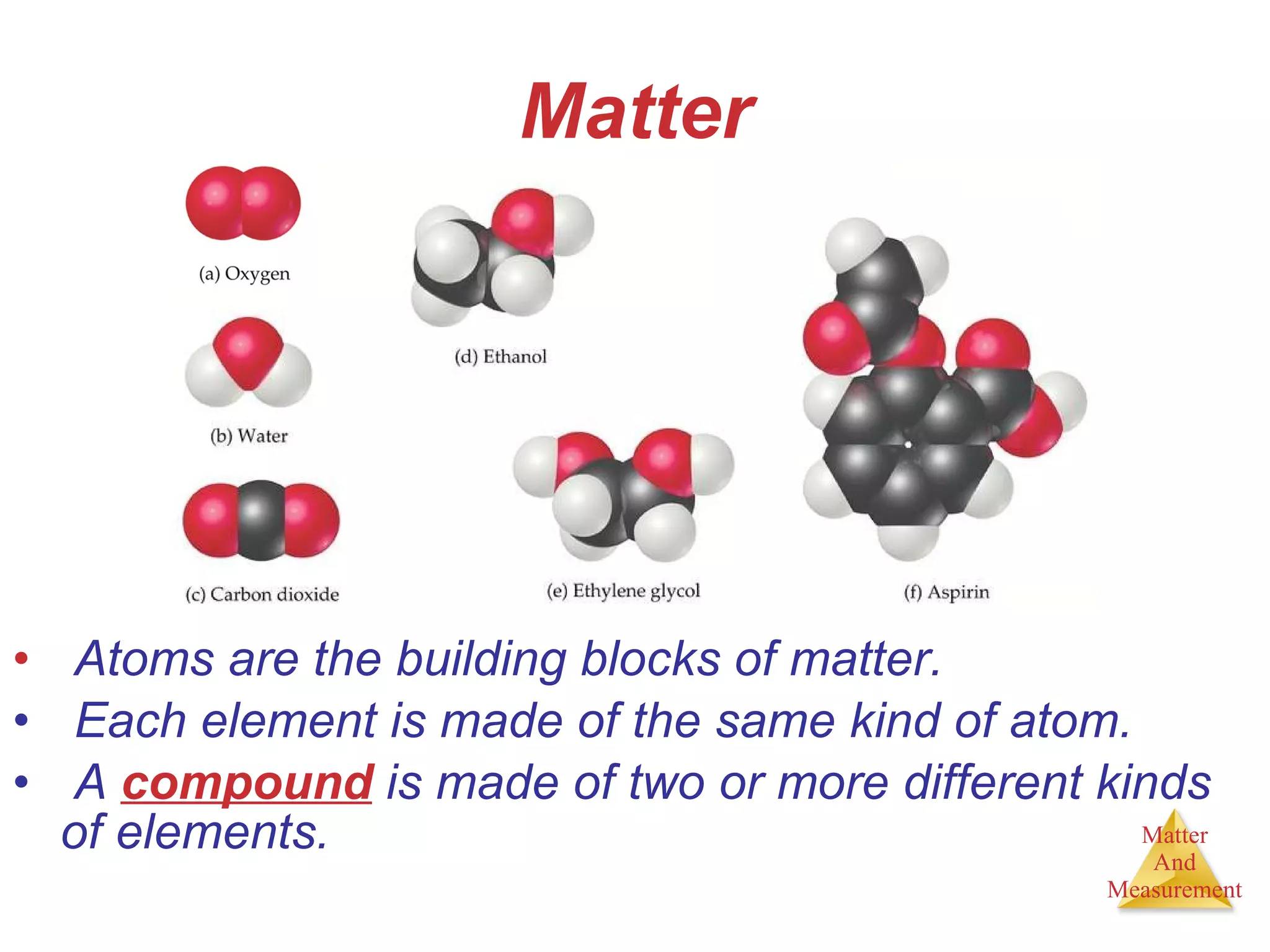 Matter Atoms are the building blocks of matter. Each element is made of the same kind of atom. A  compound  is made of two or more different kinds of elements. 