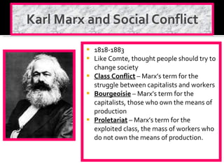 1818-1883 Like Comte, thought people should try to change society Class Conflict  – Marx’s term for the struggle between capitalists and workers Bourgeoisie  – Marx’s term for the capitalists, those who own the means of production Proletariat  – Marx’s term for the exploited class, the mass of workers who do not own the means of production. 