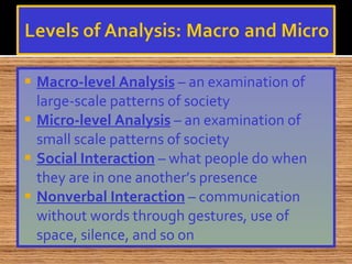 Macro-level Analysis  – an examination of large-scale patterns of society Micro-level Analysis  – an examination of small scale patterns of society Social Interaction  – what people do when they are in one another’s presence Nonverbal Interaction  – communication without words through gestures, use of space, silence, and so on 