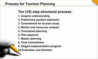 37
Ten (10) step structural process:
1. Acquire understanding
2. Preliminary position statement
3. Commitment for tourism study
4. Market and resources analysis
5. Conceptual planning
6. Plan approval
7. Master planning
8. Final Commitment
9. Staged implementation program
10.Evaluation and direction
Process for Tourism Planning
 