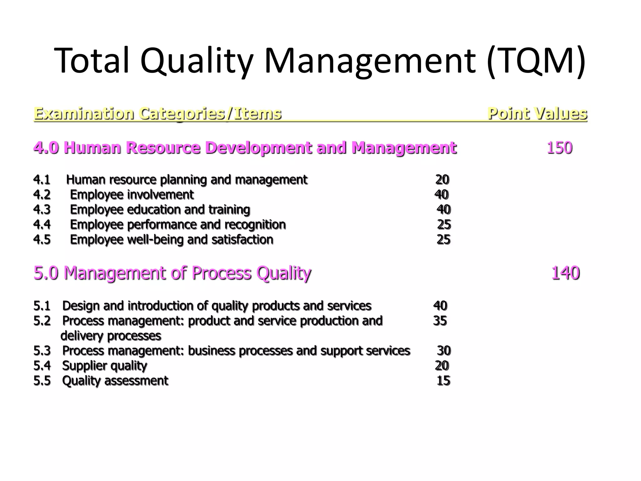 Total Quality Management (TQM)
Examination Categories/Items Point Values
4.0 Human Resource Development and Management 150
4.1 Human resource planning and management 20
4.2 Employee involvement 40
4.3 Employee education and training 40
4.4 Employee performance and recognition 25
4.5 Employee well-being and satisfaction 25
5.0 Management of Process Quality 140
5.1 Design and introduction of quality products and services 40
5.2 Process management: product and service production and 35
delivery processes
5.3 Process management: business processes and support services 30
5.4 Supplier quality 20
5.5 Quality assessment 15
 