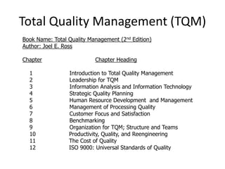 Total Quality Management (TQM)
Book Name: Total Quality Management (2nd Edition)
Author: Joel E. Ross
Chapter Chapter Heading
1 Introduction to Total Quality Management
2 Leadership for TQM
3 Information Analysis and Information Technology
4 Strategic Quality Planning
5 Human Resource Development and Management
6 Management of Processing Quality
7 Customer Focus and Satisfaction
8 Benchmarking
9 Organization for TQM; Structure and Teams
10 Productivity, Quality, and Reengineering
11 The Cost of Quality
12 ISO 9000: Universal Standards of Quality
 