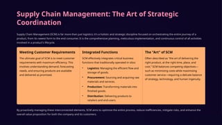 Supply Chain Management: The Art of Strategic
Coordination
Supply Chain Management (SCM) is far more than just logistics; it's a holistic and strategic discipline focused on orchestrating the entire journey of a
product, from its rawest form to the end consumer. It is the comprehensive planning, meticulous implementation, and continuous control of all activities
involved in a product's lifecycle.
Meeting Customer Requirements
The ultimate goal of SCM is to meet customer
requirements with maximum efficiency. This
involves understanding demand, forecasting
needs, and ensuring products are available
and delivered as promised.
Integrated Functions
SCM effectively integrates critical business
functions that traditionally operated in silos:
• Logistics: Managing the efficient flow and
storage of goods.
• Procurement: Sourcing and acquiring raw
materials and services.
• Production: Transforming materials into
finished goods.
• Distribution: Delivering products to
retailers and end-users.
The "Art" of SCM
Often described as "the art of delivering the
right product, at the right time, place, and
cost," SCM balances competing objectives—
such as minimizing costs while maximizing
customer service—requiring a delicate balance
of strategy, technology, and human ingenuity.
By proactively managing these interconnected elements, SCM aims to optimize the entire process, reduce inefficiencies, mitigate risks, and enhance the
overall value proposition for both the company and its customers.
 