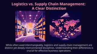 Logistics vs. Supply Chain Management:
A Clear Distinction
While often used interchangeably, logistics and supply chain management are
distinct yet deeply interconnected disciplines. Understanding their differences is
crucial for effective business operations.
 