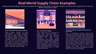 Real-World Supply Chain Examples
Observing how leading companies manage their supply chains offers invaluable insights into the practical application of decision
phases and process views.
Tesla: Global Manufacturing Footprint
Tesla's strategic decision to build
"Gigafactories" in multiple continents
(e.g., Nevada, Texas, Berlin, Shanghai)
exemplifies strategic network design.
This approach reduces shipping costs,
mitigates geopolitical risks, and speeds
up delivery times to regional markets.
Their planning involves sophisticated
forecasting to ramp up production of
new models, while operations focus on
highly automated manufacturing and
direct-to-consumer delivery models.
Zara: Fast Fashion Agility
Zara's supply chain is a masterclass in
agility. Their planning phase is
exceptionally rapid, with designers
translating fashion trends into new
collections in mere weeks.
Operationally, they employ localized
manufacturing and efficient distribution
networks to deliver fresh designs to
stores twice a week. This "fast fashion"
model minimizes inventory risk and
maximizes responsiveness to consumer
tastes, setting them apart in a highly
competitive industry.
Procter & Gamble: Integrated Sourcing and
Production
P&G, a multinational consumer goods giant,
leverages an integrated sourcing and production
planning strategy on a global scale. They manage
a vast network of suppliers and manufacturing
sites to produce thousands of different products.
Their planning involves complex algorithms for
demand forecasting and inventory optimization
across diverse product categories. Operationally,
P&G focuses on efficient plant utilization and a
robust distribution system to ensure their
products are readily available in markets
worldwide, while continuously seeking to reduce
waste and improve sustainability.
 