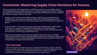 Conclusion: Mastering Supply Chain Decisions for Success
The journey from raw material to a satisfied customer is a complex dance
choreographed by countless decisions. A robust supply chain doesn't happen
by chance; it's the result of meticulous planning and execution across distinct,
yet interconnected, decision phases.
• Supply chains truly thrive when strategic, planning, and operational
decisions are not made in isolation but work in perfect harmony. This
vertical alignment ensures that every daily action contributes to long-term
goals.
• Process views—from planning and sourcing to production, distribution,
and returns—serve as invaluable frameworks. They clarify roles,
streamline workflows, and improve coordination across diverse functions
and partners, enhancing overall efficiency.
• Real-world examples from industry leaders like Tesla, Zara, and P&G
demonstrate that mastering these decision phases transforms supply chain
management from a mere operational necessity into a powerful source of
competitive strength and innovation.
Your next step:
Take the initiative to analyze your own supply chain's decision phases. Identify
areas for better alignment, improved forecasting, or optimized daily operations.
By doing so, you can unlock significant efficiencies, enhance customer
satisfaction, and drive sustained growth for your organization. ACTIONABLE INSIGHT
 