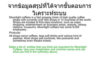 จากข้อมูลสรุปที่ได้จากขั้นตอนการวิเคราะห์ระบบ Moonlight coffees is a fast growing chain of high quality coffee shops with currently over 500 shops in 12 countries of the world.   Shops are located at first-class locations, such as major shopping, entertainment an business areas, airports, railway stations, museums. Moonlight coffees has some 9,000 employees. Products: All shops   serve coffees, teas,soft drinks and various kind   of pastries. Most shops sell nonfoods, like postcards and sometimes even theatre tickets. Make a list of  entities that you think are important for Moonlight Coffees. Use your imagination and common sense and use what you find in the summary above. 