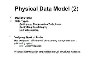 Physical Data Model  (2) Design Fields  Data Types Coding and Compression Techniques Controlling Data Integrity   Null Value control Designing Physical Tables   Has two goals : efficient use of secondary storage and data processing speed Whereas Normalization emphasized on well-structured relations.  Denormalization 