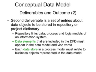 Deliverables and Outcome (2) Second deliverable is a set of entries about data objects to be stored in repository or project dictionary Repository links data, process and logic models of an information system Data elements  that are included in the DFD must appear in the data model and vise versa Each  data store  in a process model must relate to business objects represented in the data model Conceptual Data Model  