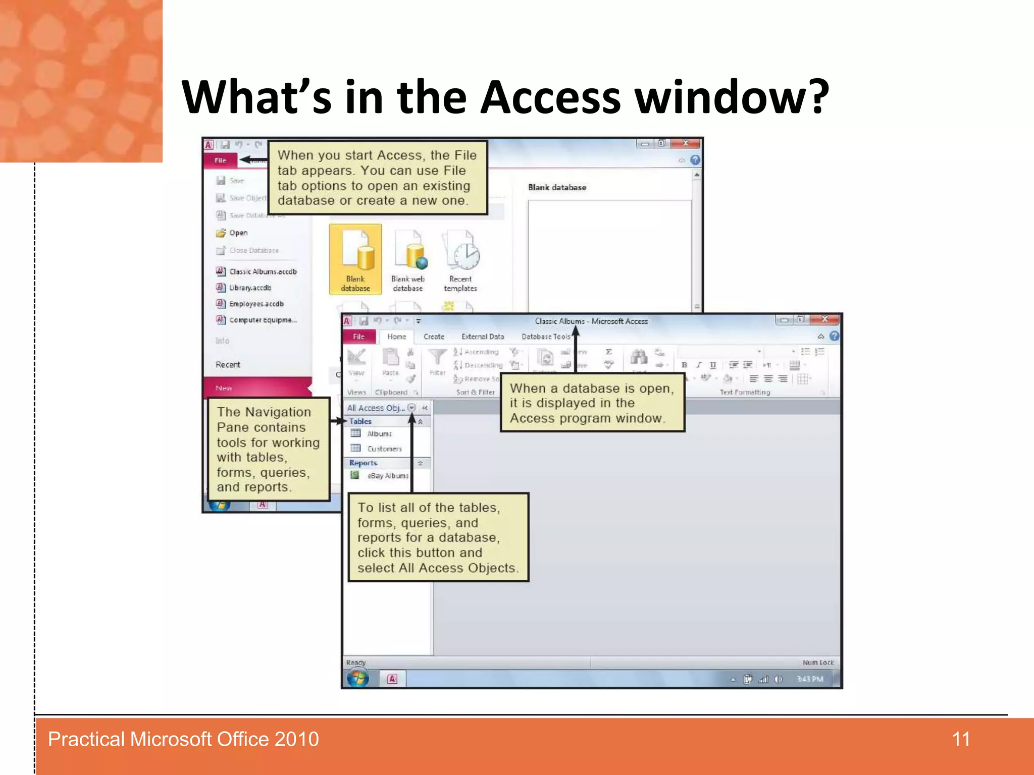 What’s in the Access window?11Practical Microsoft Office 2010