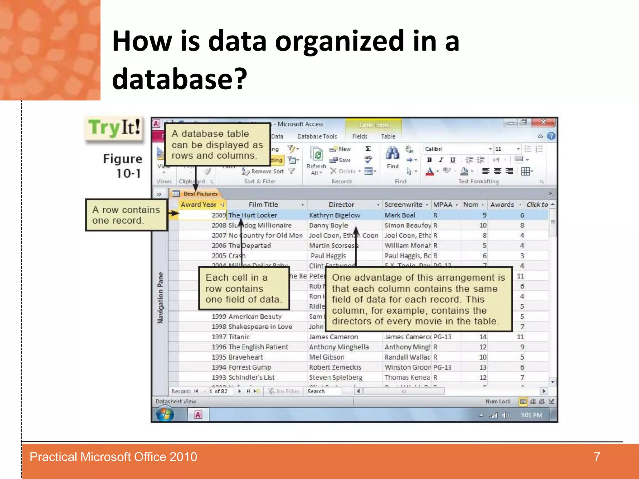 How is data organized in a database?7Practical Microsoft Office 2010