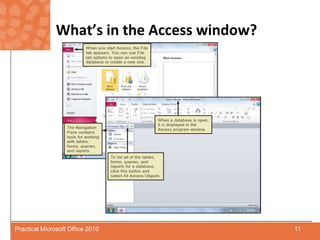 What’s in the Access window?11Practical Microsoft Office 2010