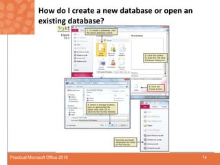 How do I create a new database or open an existing database?14Practical Microsoft Office 2010