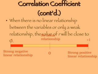 Correlation Coefficient (cont’d.) When there is no linear relationship between the variables or only a weak relationship, the value of  r  will be close to 0. Strong negative linear relationship Strong positive linear relationship  1  1 0 No linear  relationship 