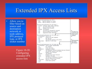 Extended IPX Access Lists <ul><li>Allow you to filter based on source and destination network or node address, IPX protoco...