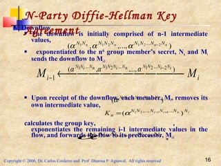 Copyright © 2006, Dr. Carlos Cordeiro and Prof Dharma P Agrawal, All rights reserved 16
 Downflow
 The downflow is initially comprised of n-1 intermediate
values,
 exponentiated to the nth
group member’s secret, Nn and Mi
sends the downflow to Mi-1
 Upon receipt of the downflow, each member, Mi, removes its
own intermediate value,
calculates the group key, ,
exponentiates the remaining i-1 intermediate values in the
flow, and forwards the flow to its predecessor, Mi-1
N-Party Diffie-Hellman Key
Agreement
),...,,( 221211 ... nnnn NNNNNNNNN −
ααα
ii MM
iNiNNNnNiNNNnNiNN
 ←
−
−
),...,,(
1
2...21...21...1 ααα
)( ...,,..., 1121 nii NNNNN +−
α
inii NNNNNN
nK )( ...,..., 1121 +−
= α
,111 ... iinn NNNNN +−
α
 